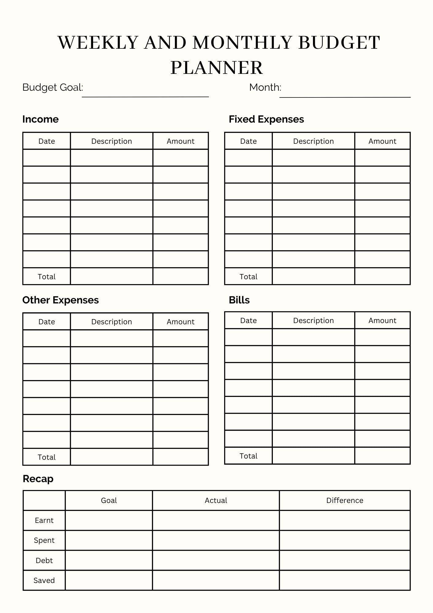 WEEKLY AND MONTHLY BUDGET PLANNER